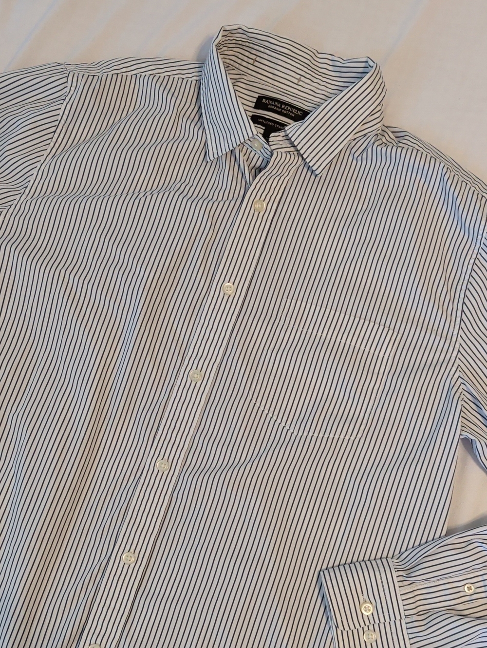 Banana Republic Men's White Shirt with Navy Stripes - Untucked Standard Fit - L